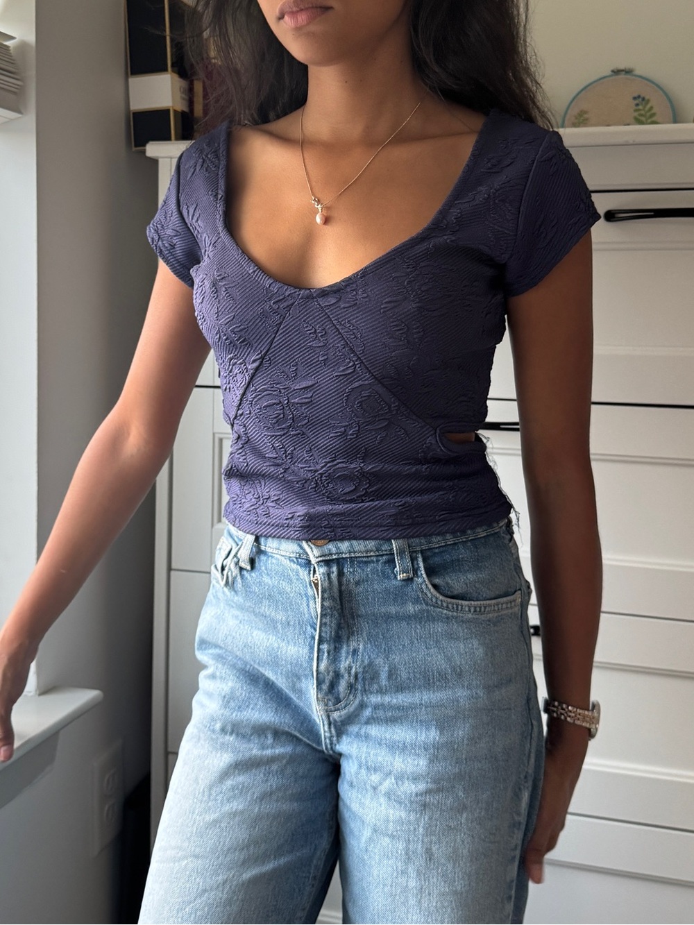 Textured Navy Scoop Crop Top with Short Sleeves